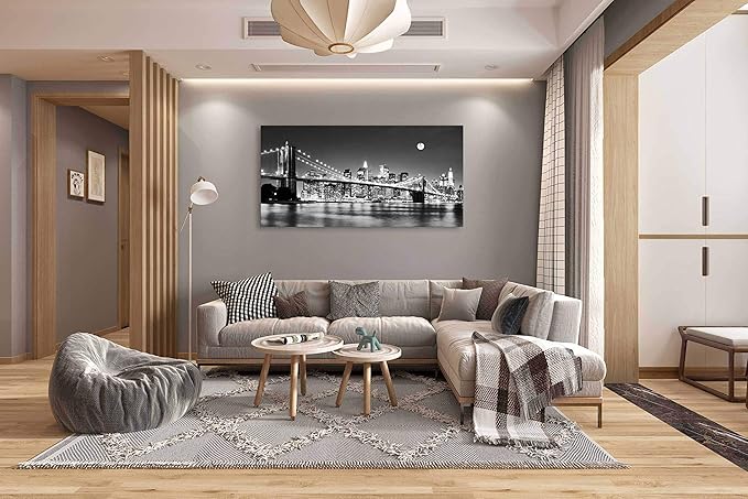 Baisuart-Q30350 Brooklyn Bridge Night View 1 Panels Landscape Artwork Canvas Prints Moon Night New York City Scene Picture Paintings Black and white Wall Art for Oiffce Home Decorations Wall Decor