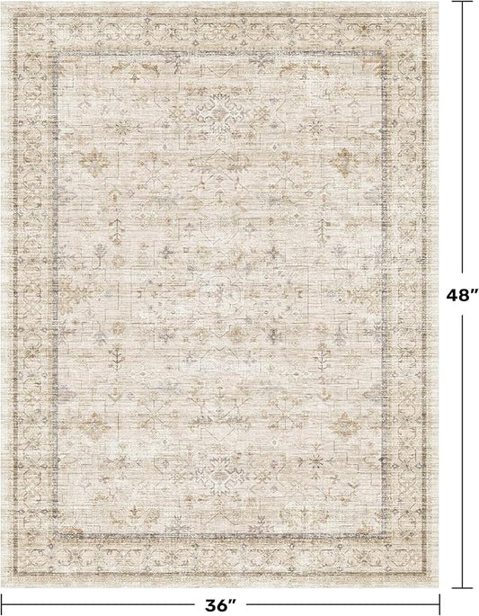 Vintage 3x4 Beige Indoor Rugs for Entryway - Geometric Pattern Washable Non Slip Rug for Kitchen, Bedroom, Laundry Room, Bathroom, Modern Farmhouse Home Décor, Low Pile & Soft Floral Carpet