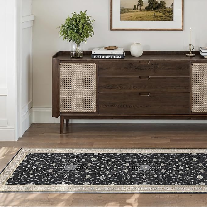 Washable 2x6 Runner Rugs for Kitchen Hallway,Black Boho Rug for Bedroom Bedside Laundry Room Bathroom Rug, Non Slip Low Pile Soft 24 x 72 Floor Modern Carpet, Black/Gold