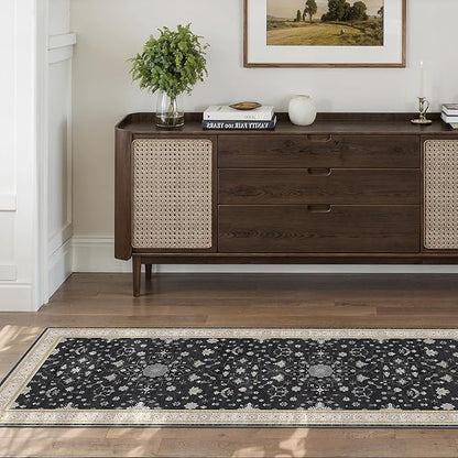 Washable 2x6 Runner Rugs for Kitchen Hallway,Black Boho Rug for Bedroom Bedside Laundry Room Bathroom Rug, Non Slip Low Pile Soft 24 x 72 Floor Modern Carpet, Black/Gold