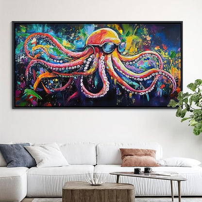 JEAWA Abstract Graffiti Wall Art, Large Framed Funny Octopus Street Cool Pop Art Texture Canvas Paintings for Living Room Bedroom kitchen Home Wall Decor and Gifts for Men 29x58 IN