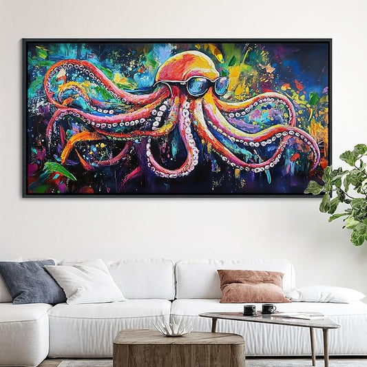 JEAWA Abstract Graffiti Wall Art, Large Framed Funny Octopus Street Cool Pop Art Texture Canvas Paintings for Living Room Bedroom kitchen Home Wall Decor and Gifts for Men 29x58 IN
