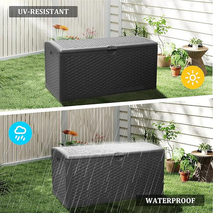90 Gallon Plus Outdoor Storage Box Waterproof Lockable Resin Deck Box Large, Patio Storage Bin for Pool Accessories Cushion Furniture, Garden Tools, UV-Resistant Outside Delivery Black