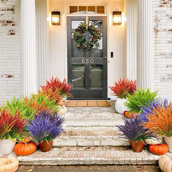 Outdoor Artificial Plants 8 Bundles Fake Plants Grass UV Resistant Fake Flowers Bush Greenery,17Inch Tall Faux Grass Shrubs for Home Porch Pathway Garden Décor Outside Indoor (red)