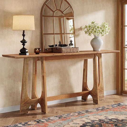 63-Inch Solid Wood Console Table, Farmhouse Long Sofa Table Behind Couch with Geometric Base for Entryway, Entrance, Living Room, Walnut Brown