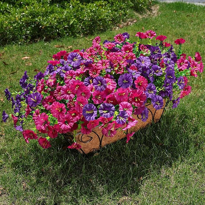 Artificial Flowers for Outdoors Fake Plants Outside Decoration, 12 Bundles Silk Colorful Morning Glory with Eucalyptus UV Resistant Realistic Faux Flowers for Planter Porch Patio Yard Garden