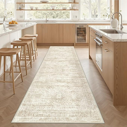 3x12 Runner Rug for Hallway, Non-Slip Long Bathroom Rugs Runner for Kitchen, Bedroom, Soft Vintage Abstract Washable Rug for Entryway, Thin Floor Mat for Dining Room(3'x12', Beige/Ivory)