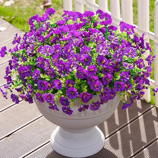 Artificial Flowers Fake Plants for Outdoors Decoration, 12 Bundles Purple Silk Morning Glory with Eucalyptus Realistic UV Resistant Faux Flowers Greenery for Outside Planter Yard Garden Home Indoor