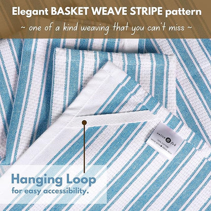 Native Fab Stripe Kitchen Towels - 100% Cotton - 12 Pack - 16"x26" - Striped Tea Towels, Dish Cloths for Drying Dishes, Absorbent, Quick Dry Towel Set with Hanging Loop - Turquiose Blue