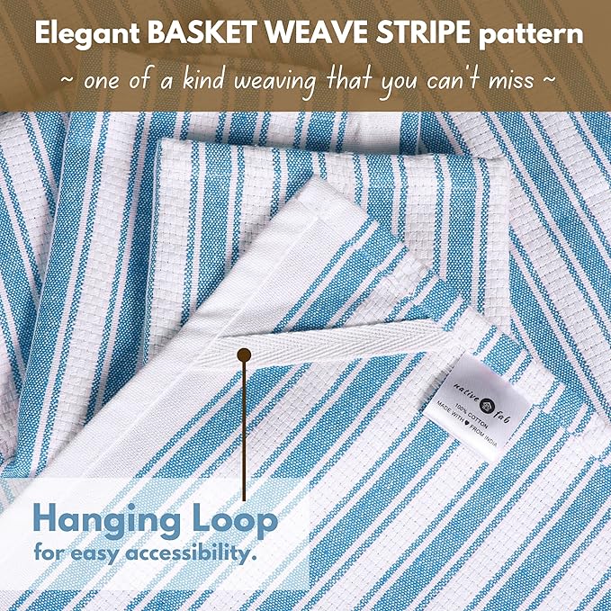 Native Fab Cotton Kitchen Towels - 16x26 inches - Set of 4 - Basket Weave Stripe Dish Towels for Cleaning, Drying Dishes, Absorbent Dish Cloths Set with Hanging Loop - Turquiose Blue