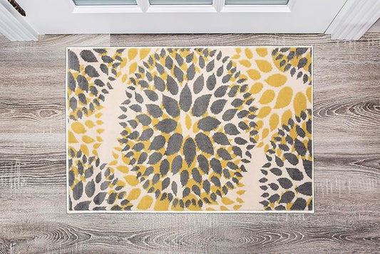 Rugshop Modern Yellow Floral Circles Design Area Rug – Elegant Non-Shedding, 2' x 3' for Living Room, Bedroom, Dining Room, Kitchen