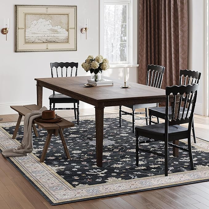 Large Rugs for Living Room, 8x10 Black Washable Rug for Bedroom, Soft Boho Indoor Carpets, Big Modern Kids Room Rug, Non-Slip Low Pile Mat for Office Home Dining Room Christmas Decor, Black/Gold