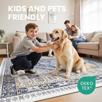 zesthome 2x3 Entryway Rug, Soft Washable Rugs, Non Slip Area Rug, Stain Resistant Low Pile Rugs for Bedroom, Vintage Rug for Door Mat, Kitchen (Blue/Beige,2'x3')