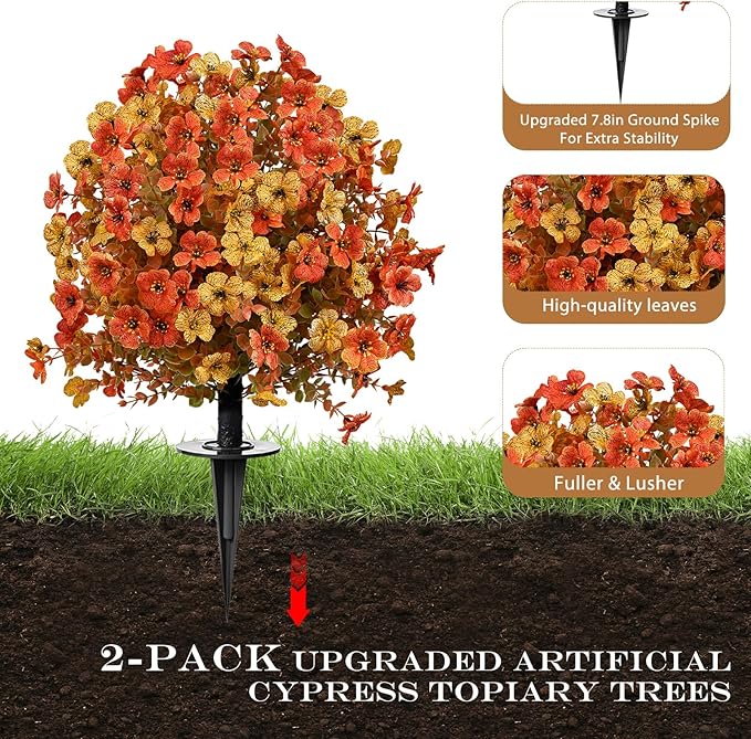 23" Set of 2 Orange Artificial Boxwood Topiary Flowers Ball with Spikes for Outdoor Fall Decorations, Faux Greenery Shrubs,Fake Bushes Plants for Garden, Yard, Front Porch（Orange）
