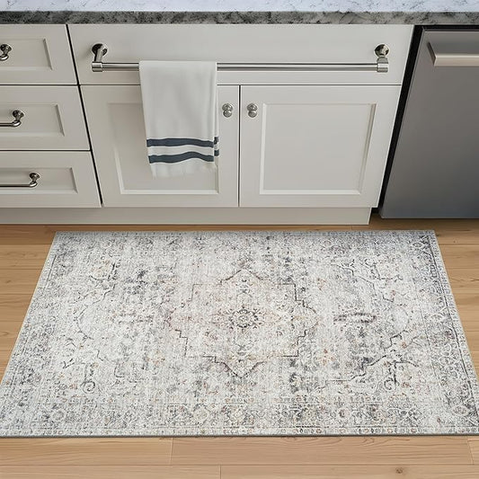Bloom Rugs Caria Washable Non-Slip 3x5 Rug - Ivory/Gray/Caramel Traditional Area Rug for Living Room, Bedroom, Dining Room, and Kitchen - Exact Size: 3' x 5'