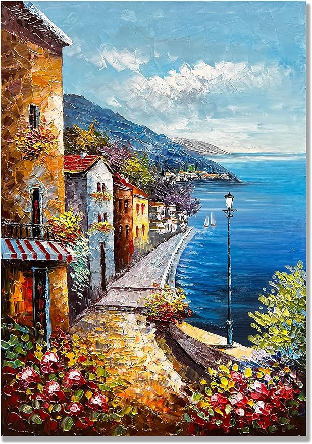 Alenoss Hand Painted Acrylic Large Abstract Modern Oil Paintings on Canvas 28x40 Inches Vertical Wall Art Mediterranean Sea Cityscape Blue Artwork Wall Decor Home Decorations