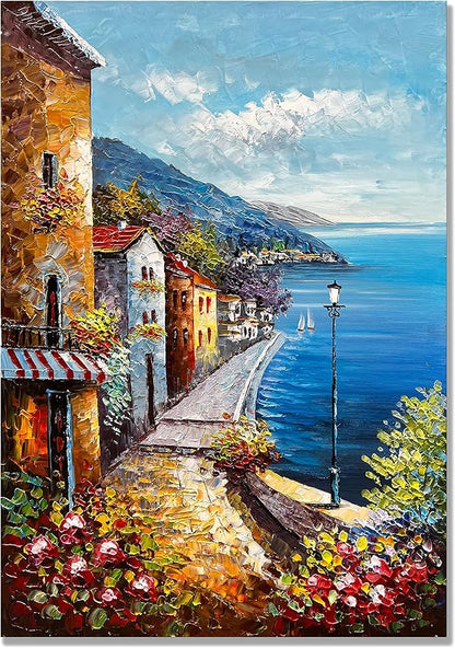 Alenoss Hand Painted Acrylic Large Abstract Modern Oil Paintings on Canvas 28x40 Inches Vertical Wall Art Mediterranean Sea Cityscape Blue Artwork Wall Decor Home Decorations