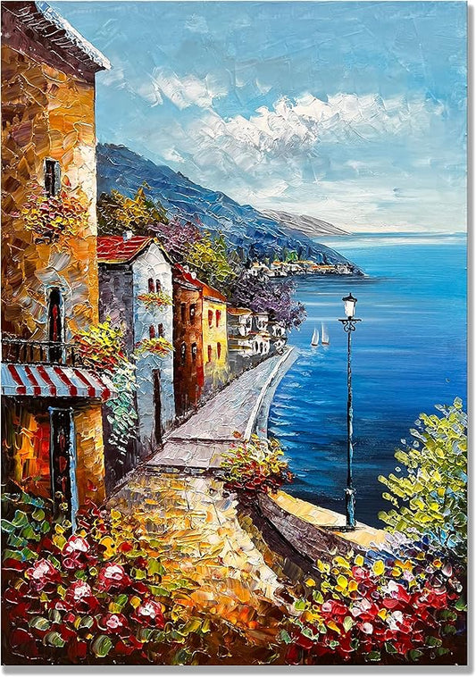 Alenoss Hand Painted Acrylic Large Abstract Modern Oil Paintings on Canvas 28x40 Inches Vertical Wall Art Mediterranean Sea Cityscape Blue Artwork Wall Decor Home Decorations