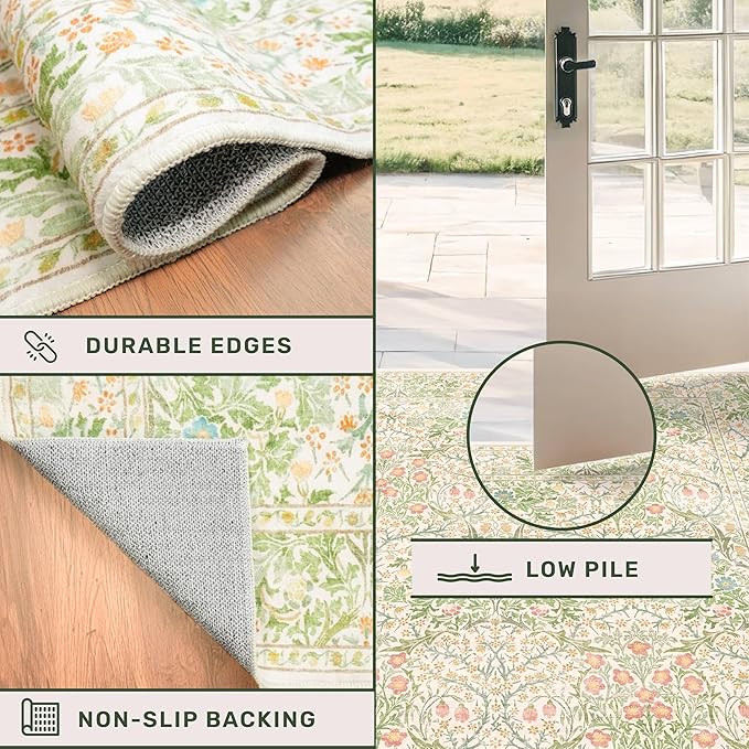 Hazo Haus Light Beige Green Area Rugs for Dining Room, 6x9 Washable Area Rug for Bedroom, Living Room, Nursery Room, Kids Play Room, Low Pile Non-Slip - Vintage Design & Stain Resistance