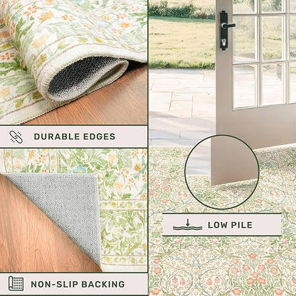Vintage Washable Beige Green 10x14 Rug for Living Room - Extra Large Area Rug for Dining Room Under Table, Soft Low Pile Carpet for Bedroom - Victorian Forest Floral Design Non-Slip