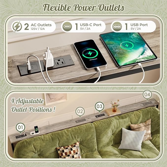 Huuger 110.2 Inch Sofa Table with Power Outlets, 23.9’’-34.4’’ Height Adjustable Range, Behind Couch Table with USB-C Ports, Sofa Tables Narrow Long, Skinny Console Table, Small Spaces, Country Rustic