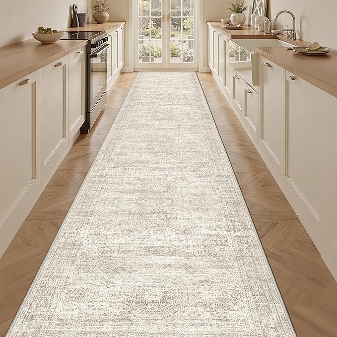 3x18 Washable Runner Rug for Hallway, Non-Slip Long Hallway Runner for Entryway, Soft Vintage Kitchen Mats for Floor, Abstract Dining Room, Bedroom, Living Room Rugs(3'x18', Beige/Ivory)