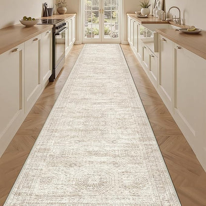 3x18 Washable Runner Rug for Hallway, Non-Slip Long Hallway Runner for Entryway, Soft Vintage Kitchen Mats for Floor, Abstract Dining Room, Bedroom, Living Room Rugs(3'x18', Beige/Ivory)