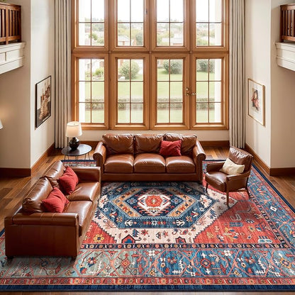 SERISSA 10x14 Area Rugs for Living Room, Large Washable Non-Slip Boho Rug, Ultra Soft Vintage Rust Oriental Tribal Print Distressed Carpet for Dining Room Bedroom Office Home Decor