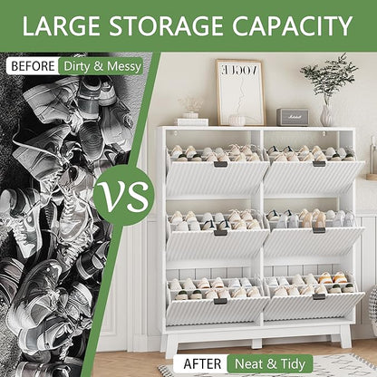 Shoe Cabinet with 6 Flip Drawers, 54" Tall Narrow Fluted Shoe Storage Organizer for Entryway, Hidden Slim Wooden Shoe Rack Cabinet for Front Door Entrance, Hallway, Living Room, Solid White