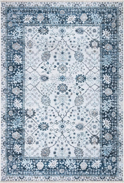 Bloom Rugs Caria Washable Non-Slip 8x10 Rug - Navy Blue Traditional Bordered Area Rug for Living Room, Bedroom, Dining Room, and Kitchen - Exact Size: 7'8" x 10'