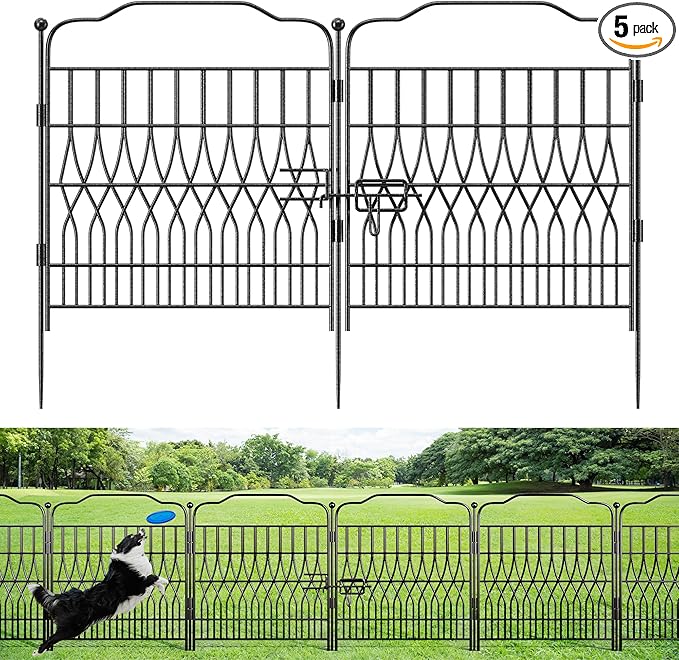 Bepatio 5 Panels Garden Fence with Latch - Total 27.6in（H） x 9.8ft(L) Dog Fence Outdoor for Yard, Arc Fencing Panels, Durable Metal Fencing & Garden Borders, Easy Set-Up, Black