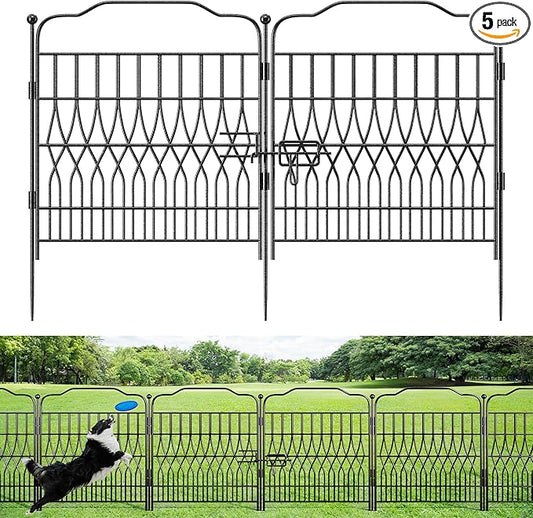 Bepatio 5 Panels Garden Fence with Latch - Total 27.6in（H） x 9.8ft(L) Dog Fence Outdoor for Yard, Arc Fencing Panels, Durable Metal Fencing & Garden Borders, Easy Set-Up, Black
