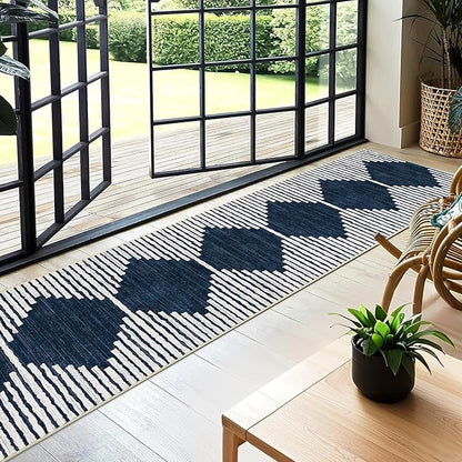 HelloTree Hallway Runner Rug，2x8 Moroccan Modern Stripe Carpet Washable Machine Bathroom Runner Bohemian Design Modern Soft Non Slip Indoor Rug for Entryway Hallway Laundry Room Bedroom-Blue