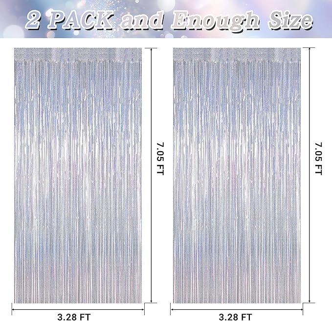 2 Pack Silver Metallic Tinsel Foil Curtains, 3.28 FT x 7.05 FT Glitter Silver Fringe Curtains, New Year Door Streamer Tinsel Backdrop Photo Booth for NYE Party Birthday Engagement Party Decorations