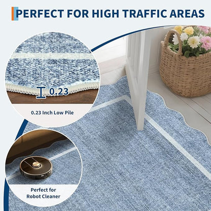 GarveeHome Scalloped Washable Kitchen Runner Rug 2x8, Blue Runners for Hallway, Non Slip Boho Soft Bathroom Throw Mat Bordered Carpet Runner for Laundry Entryway Bedroom 2 ft x8 ft Blue