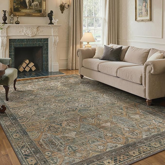 GENIMO 9x12 Area Rugs for Living Room, Machine Washable Non Slip Vintage Rugs, Low Pile Lightweight Chenille Print Rug for Bedroom, Dining Room, Home Office, Warm Taupe