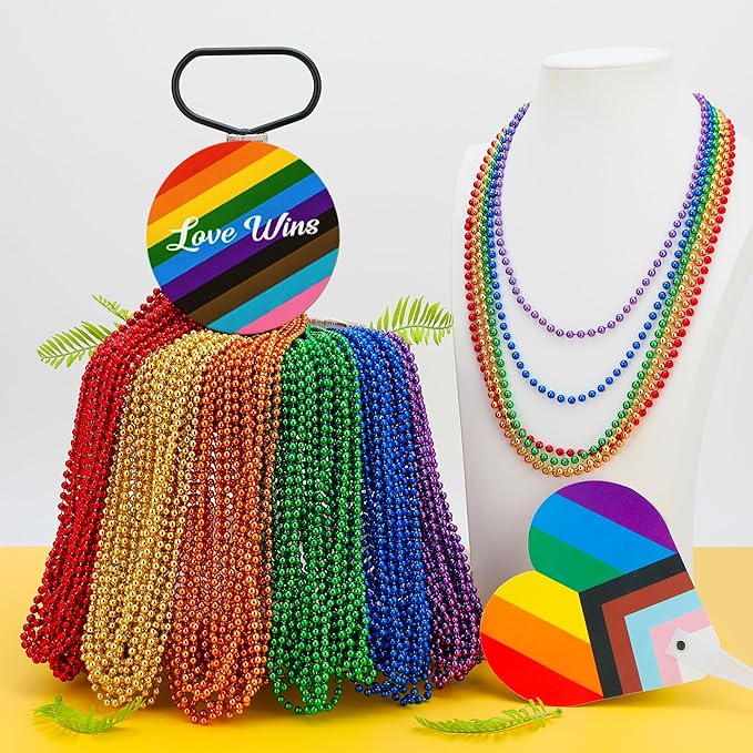 72PCS Pride Beads Stuff, Pride LGBTQ Bead Necklace Accessories Bulk, Metallic 6 Kinds of Rainbow Bead Necklace, Gay Lesbian LGBT Beads Costumes Decorations for Parade Throws Party Favors