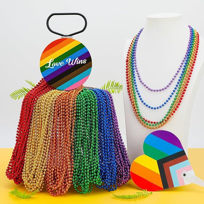 72PCS Pride Beads Stuff, Pride LGBTQ Bead Necklace Accessories Bulk, Metallic 6 Kinds of Rainbow Bead Necklace, Gay Lesbian LGBT Beads Costumes Decorations for Parade Throws Party Favors