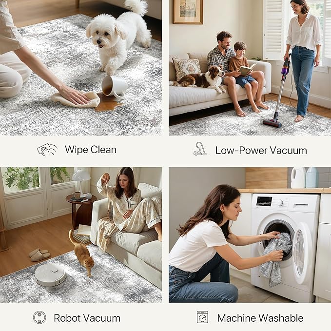 GENIMO Washable Area Rugs for Living Room, 10x14 Modern Non Slip Rugs, Low Pile Lightweight Soft Print Rug for Bedroom, Dining Room, Home Office, Grey