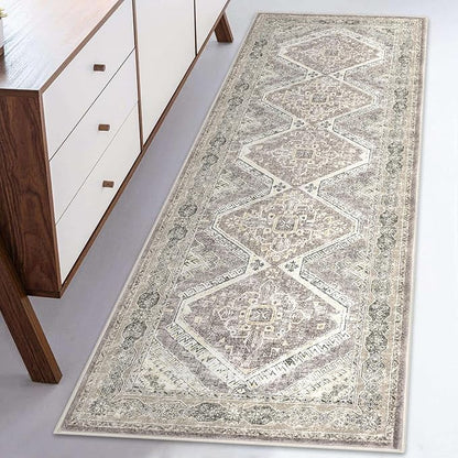 KUTA Oriental Washable Runner Rug, 2x5 Runners Non-Slip Vintage Ivory Grey Yellow Brown 5ft Hallway Kitchen Rugs Ultra Soft Printed Distressed Tribal Farmhouse Carpet for Bedroom Entryway Decor