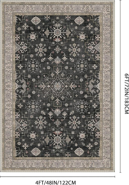 GENIMO 4x6 Area Rugs for Living Room,Machine Washable Non-Slip Vintage Rug, Low Pile Lightweight Carpet for Bedroom, Dining Room, Home Office, Stain & Fade Resistant,Black