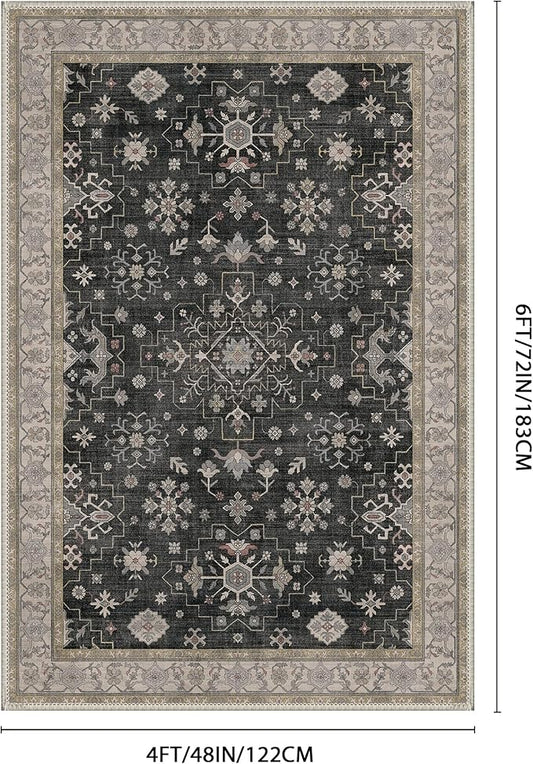 GENIMO 4x6 Area Rugs for Living Room,Machine Washable Non-Slip Vintage Rug, Low Pile Lightweight Carpet for Bedroom, Dining Room, Home Office, Stain & Fade Resistant,Black