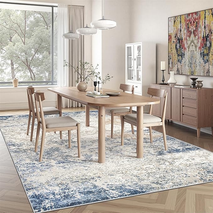 Art&Tuft Washable Rugs 6x9, Abstract Area Rugs for Living Room - Non Slip and Low Pile Soft Thin 6x9 Rug for Bedroom, Dining Room, Kitchen, Office, Blue