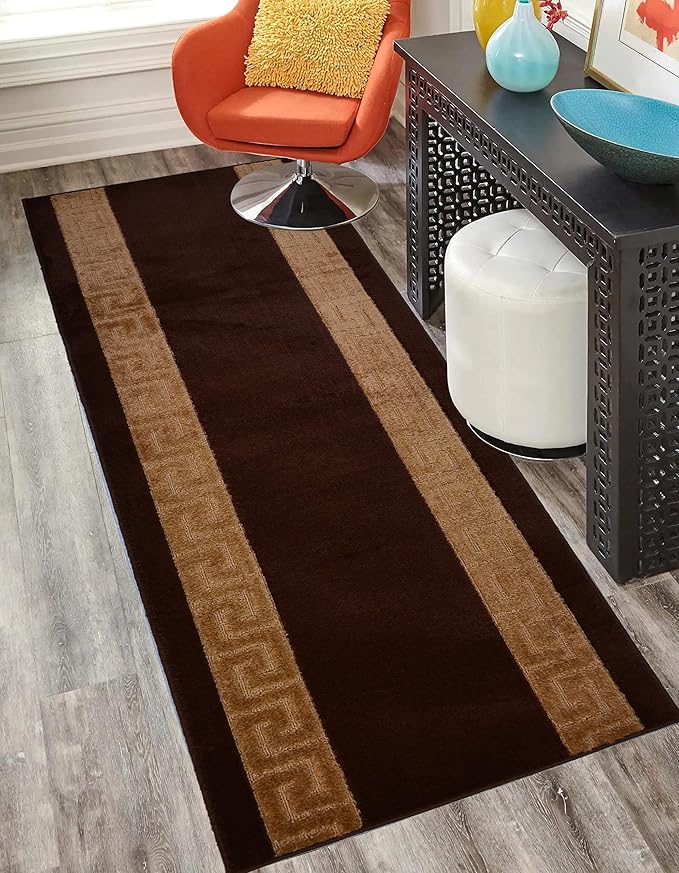 Washable Custom Size Runner Rug Meander Design Brown Beige, (15 Feet Length x 26 Inch Width) Custom Cut Slip Resistant Rubber Backing Runner Rugs, Extra Long Runner Rugs for Hallways
