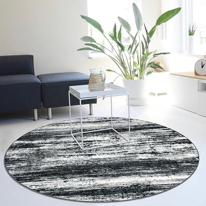 KOZYFLY Modern Abstract Washable Circle Rug 5Ft, Washable Kitchen Rug Non-Slip Soft Bathroom Round Rug, Black Navy Blue Grey Striped Entryway Rugs Faux Wool Doormat for Bedside Entrance Bedroom Sink