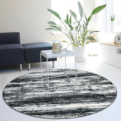 KOZYFLY Modern Abstract Washable Circle Rug 5Ft, Washable Kitchen Rug Non-Slip Soft Bathroom Round Rug, Black Navy Blue Grey Striped Entryway Rugs Faux Wool Doormat for Bedside Entrance Bedroom Sink
