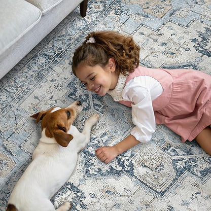 GENIMO Runner Rug 2'6''x8, Non Slip Vintage Hallway Runner Rugs, Low Pile Lightweight Machine Washable Mat for Hallway, Entryway, Bedroom, Kitchen and Corridor, Blue