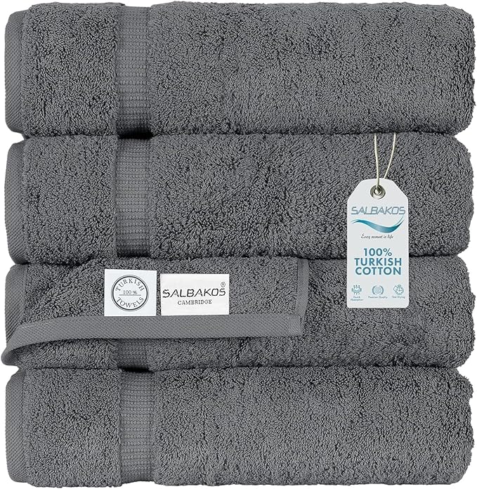 SALBAKOS 100% Turkish Cotton Bath Towel Set of 4 27x54 inch | Heirloom Quality | Hotel & Spa Collection | Ultra Soft, Super Absorbent, Long Lasting Bath Towels | Made in Turkey (Gray, 4 Bath Towels)