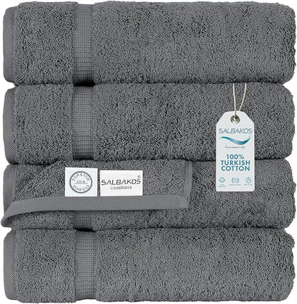 SALBAKOS 100% Turkish Cotton Bath Towel Set of 4 27x54 inch | Heirloom Quality | Hotel & Spa Collection | Ultra Soft, Super Absorbent, Long Lasting Bath Towels | Made in Turkey (Gray, 4 Bath Towels)
