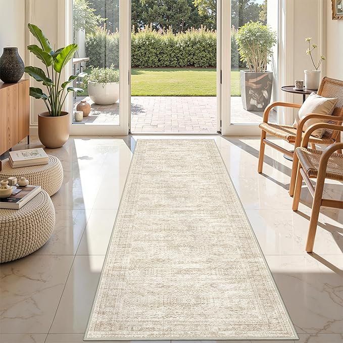 Rug Runners for Hallways Non Slip - 2x8 Runner Rug for Bedroom, Washable Runner with Rubber Backing, Soft Low-Pile Carpet for Kitchen, Laundry, Bathroom (2'x8', Beige/Ivory)